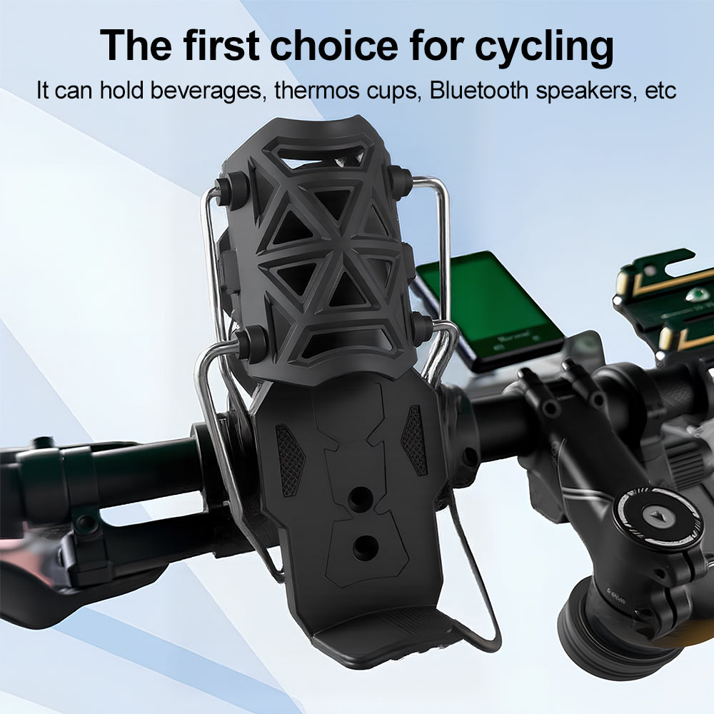 Universal Motorcycle & Bicycle Water Bottle Holder on a Cycle Handle.