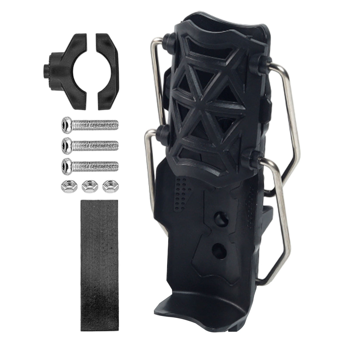 A Universal Motorcycle & Bicycle Water Bottle Holder with all its Accessories.