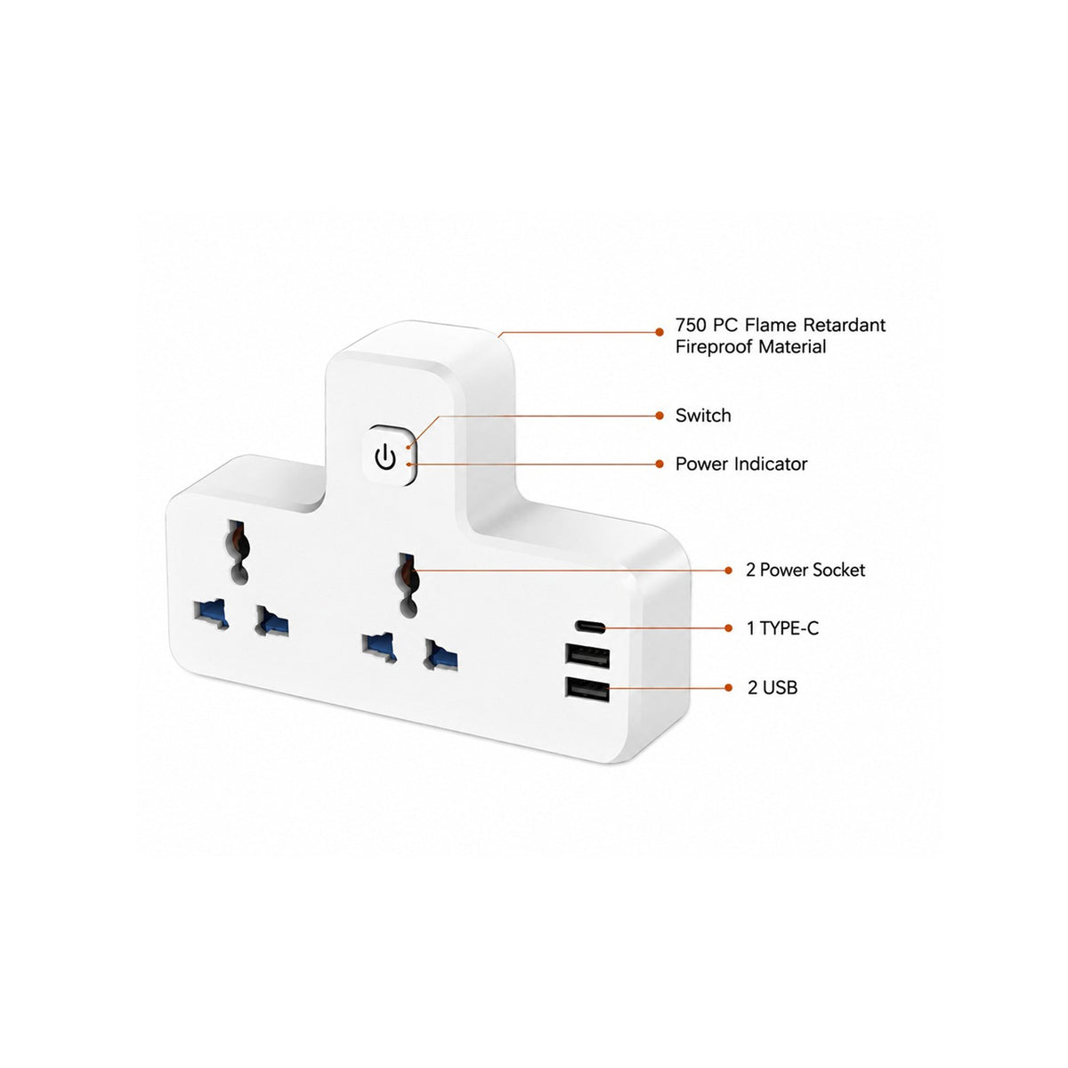 White power adapter with labeled features on a white background