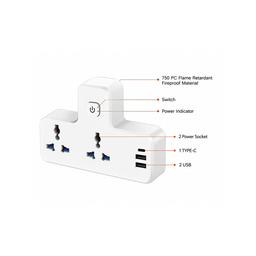 Adapter Labeled Universal Power Socket Adapter with 2 USB & Type-C Port, 2500W Extensi