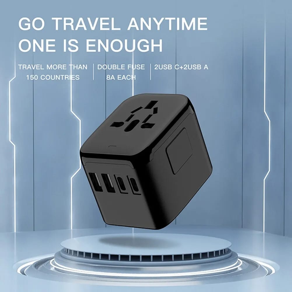All-in-One Universal Travel Adaptor with Multiple USB Ports in black color
