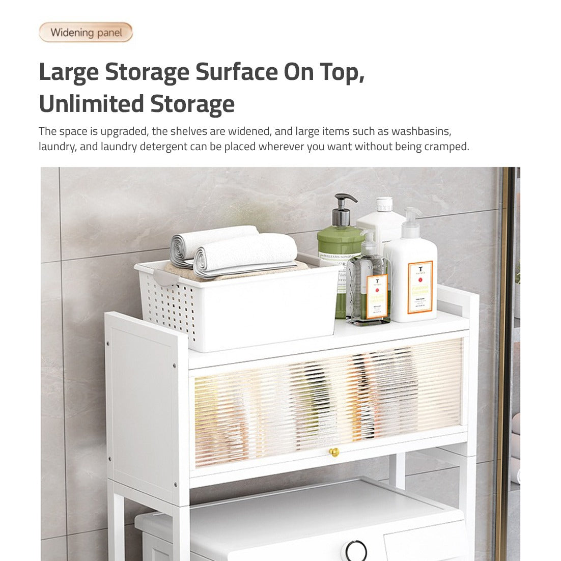 Upper layer of Laundry Room Storage Cabinet Organizer where Laundry Items are Stored.