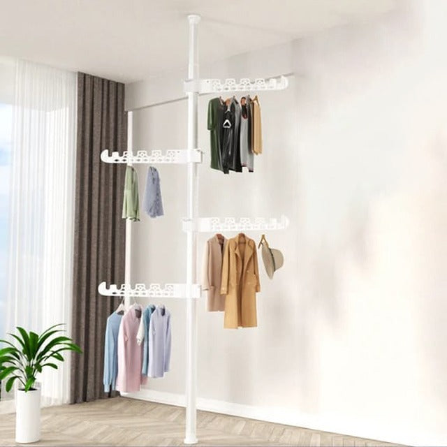 A White Upright Coat Rack Organized with Clothes.