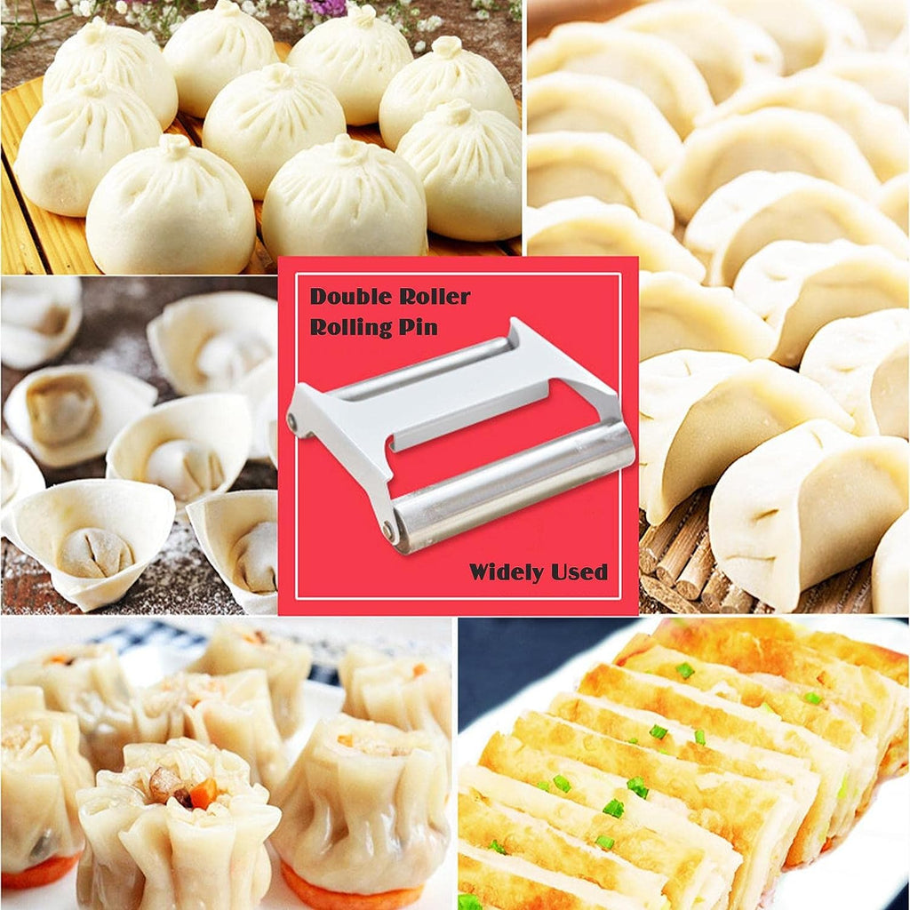 Double-Sided Stainless Steel Dough Roller for Baking, Dumplings, Chapati Double-Sided Stainless Steel Dough Roller for Baking, Dumplings, Chapati