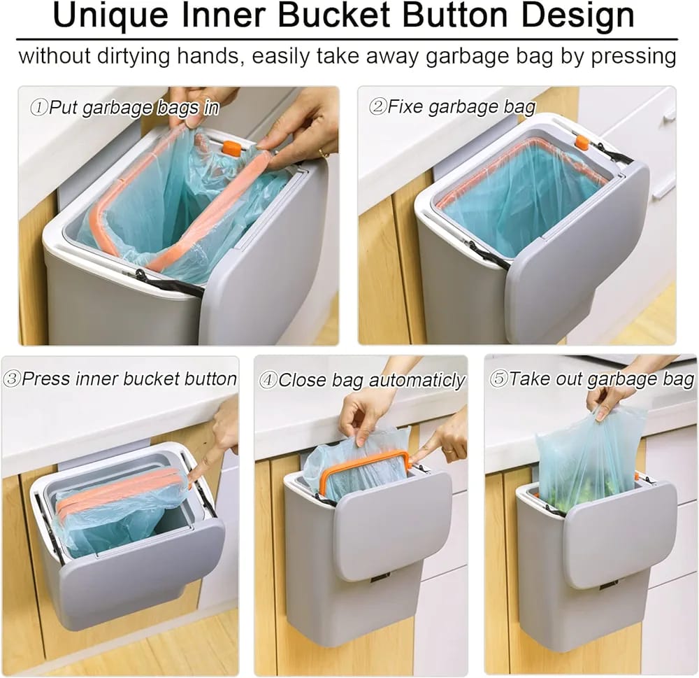 Kitchen Cabinet Door Wall Mounted Hanging Trash Can with inner bucket button design