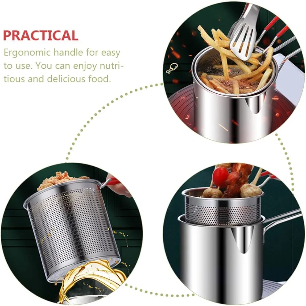 A Person is Frying Food Using Deep Frying Pot Strainer with Basket and Clip.