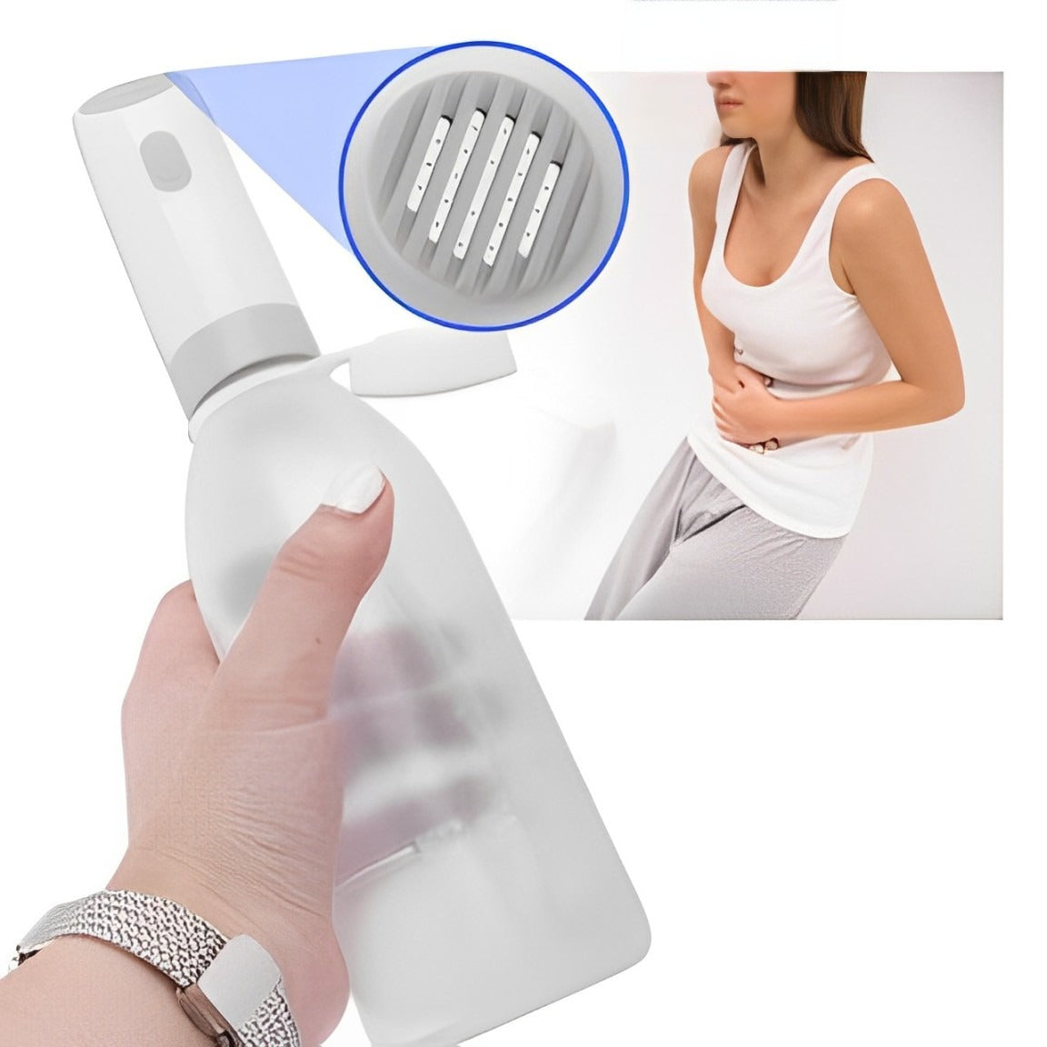 A Women is Using Portable Electric Flushing Device.