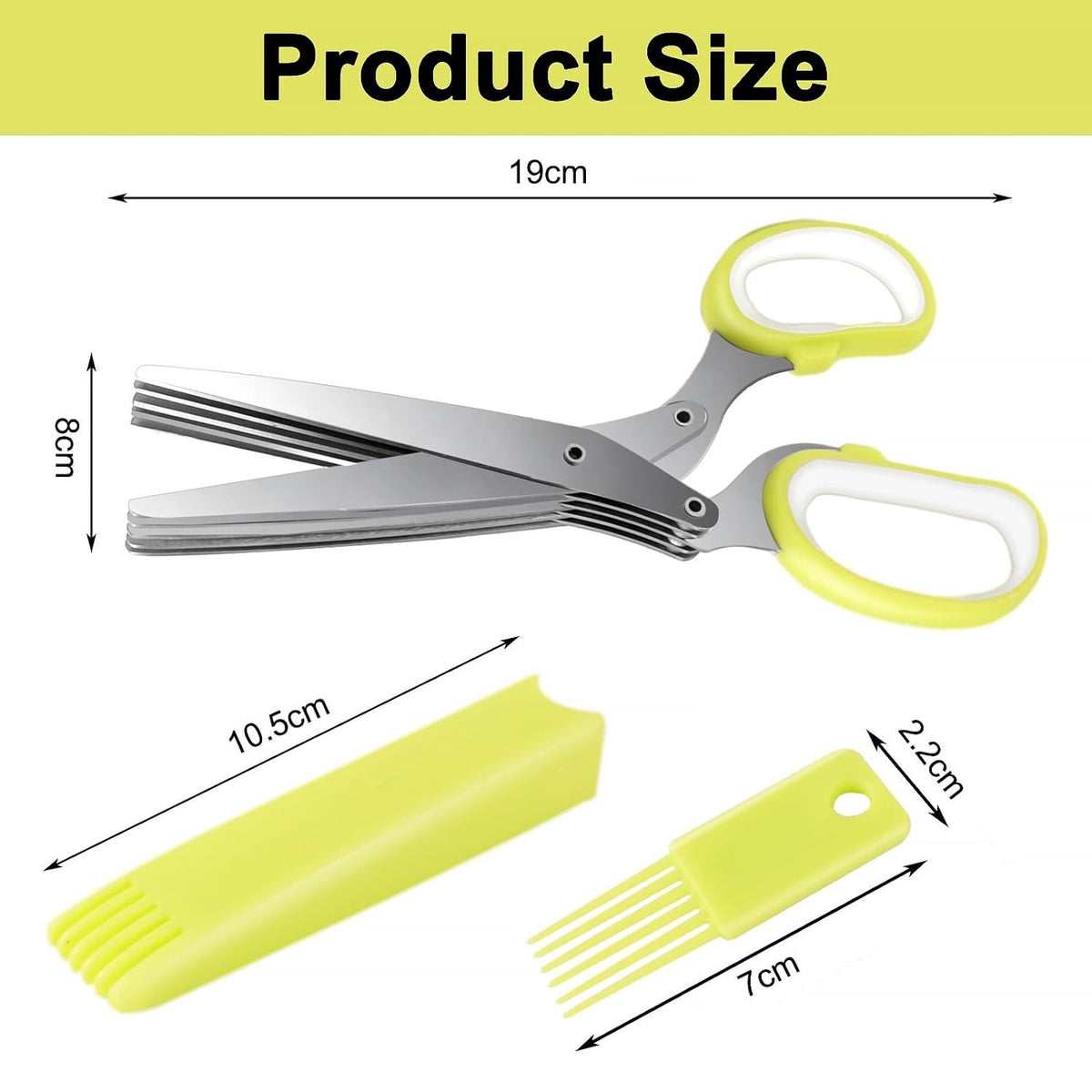 size of  5 Blade Kitchen Scissor, handy comb, blade cover