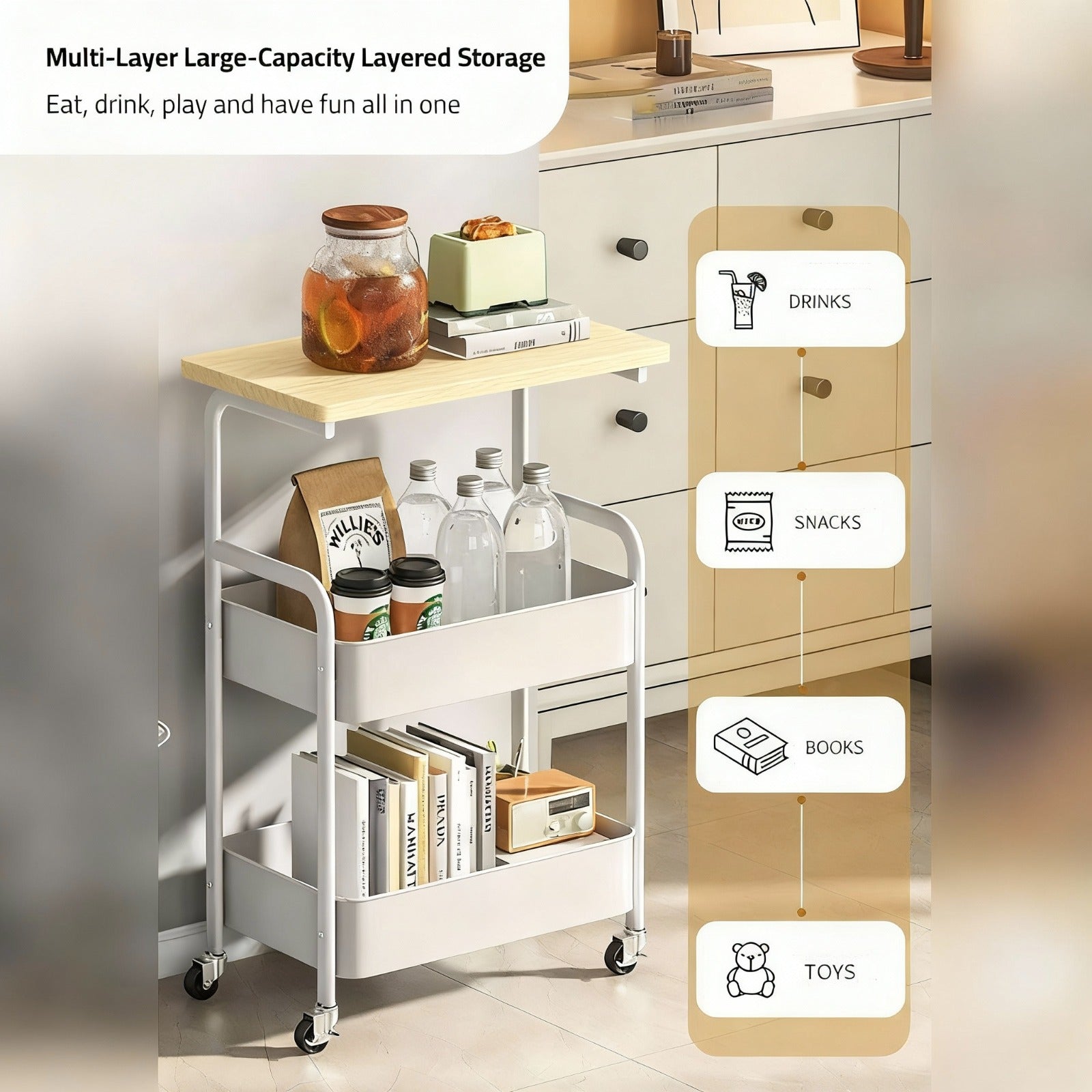 A Vintage Mobile Multi-Function Side Table is Organized with Home Essentials.