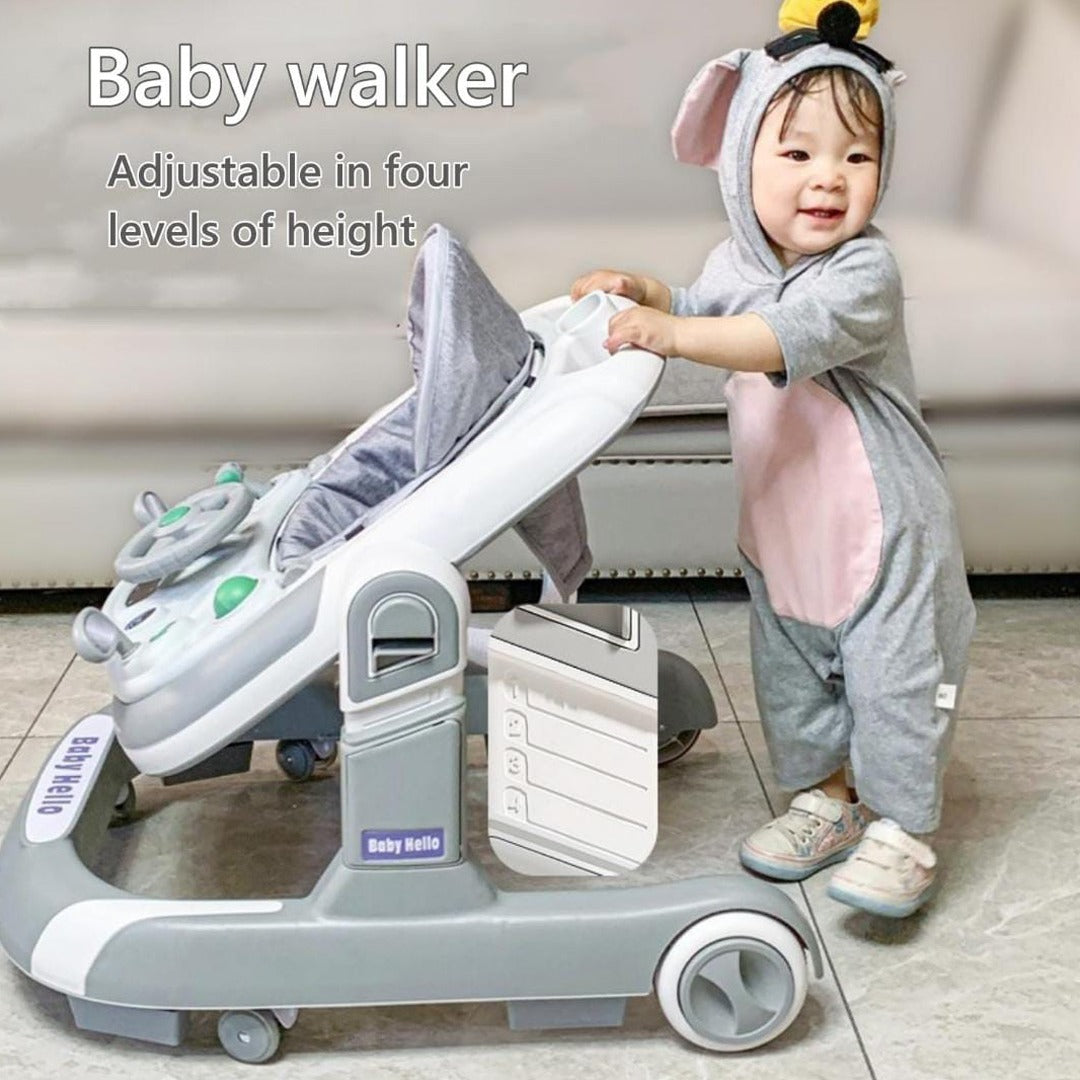 A Baby is Walking Using Baby Infant Walker with Push Handle.