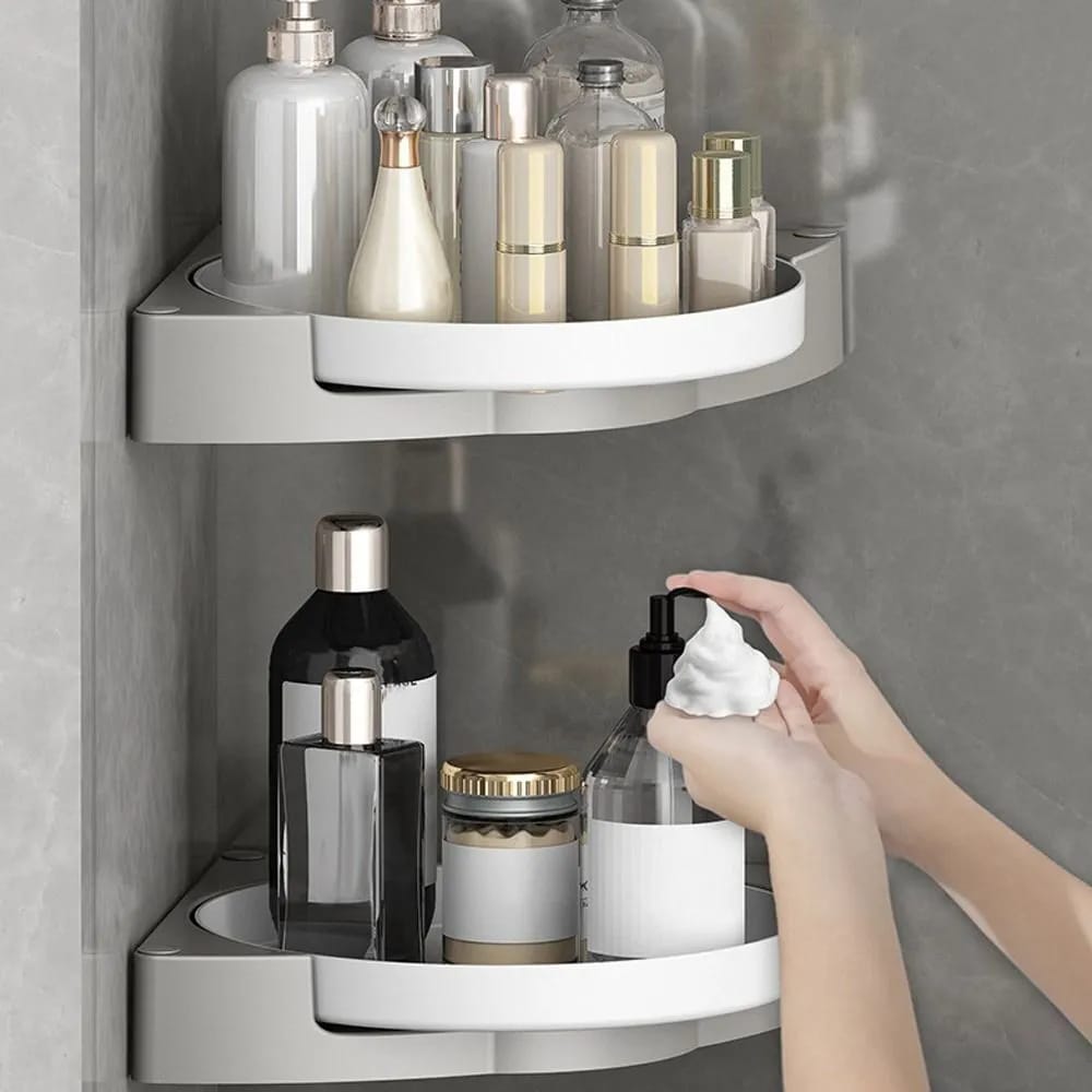 Someone using shampoo from the 360° Rotatable Washroom and Kitchen Corner Rack