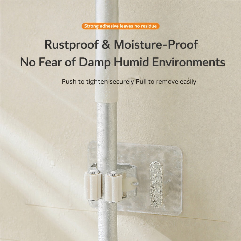 A Wall-Mounted Mop & Broom Holder is Holding a Mop Fixed on a Bathroom Wall.