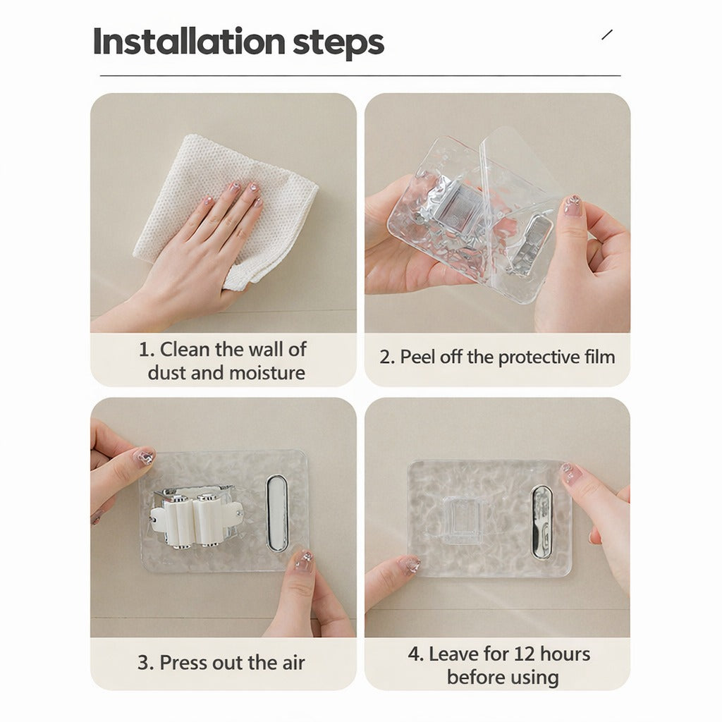 A person is demonstrating the installation of Wall-Mounted Mop & Broom Holder.