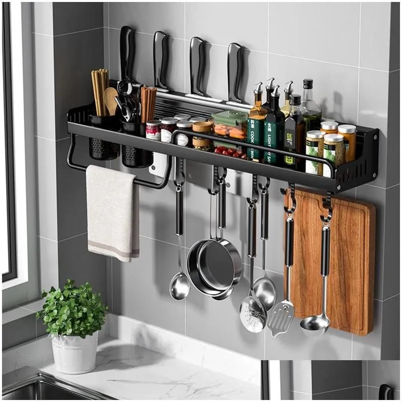 Wall- Mounted Kitchen Storage Rack Holding Spice, Spoon, Knife, Kitchen Towel  Etc.
