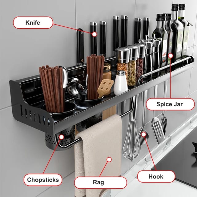 Wall- Mounted Kitchen Storage Rack Holding Spice, Spoon, Knife, Kitchen Towel Etc.