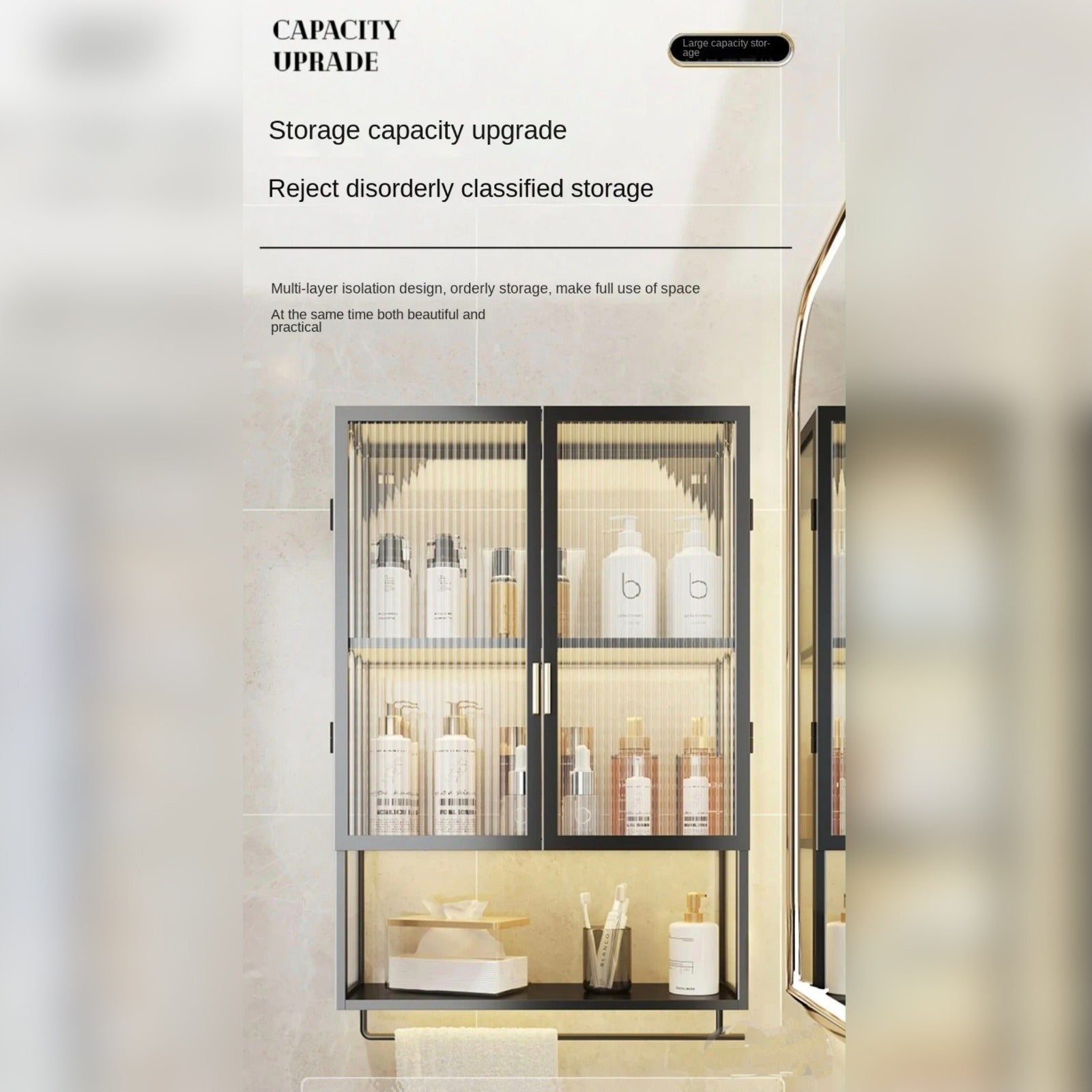 Wall-mounted storage organizer with ribbed glass doors, displaying neatly arranged bottles and cosmetics.