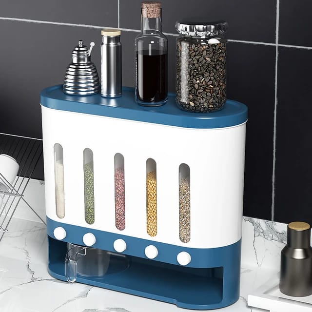 Wall Mounted 5-Grid Dry Food Dispenser with some bottles placed on top of it