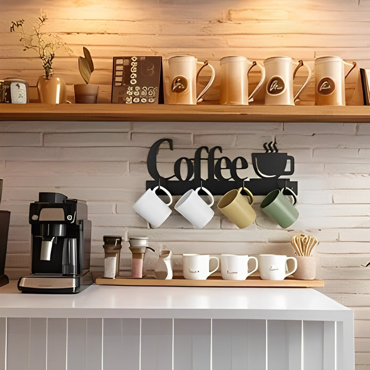 Wall Mounted Coffee Mug Holder With Cups are Hanged On the Wall.