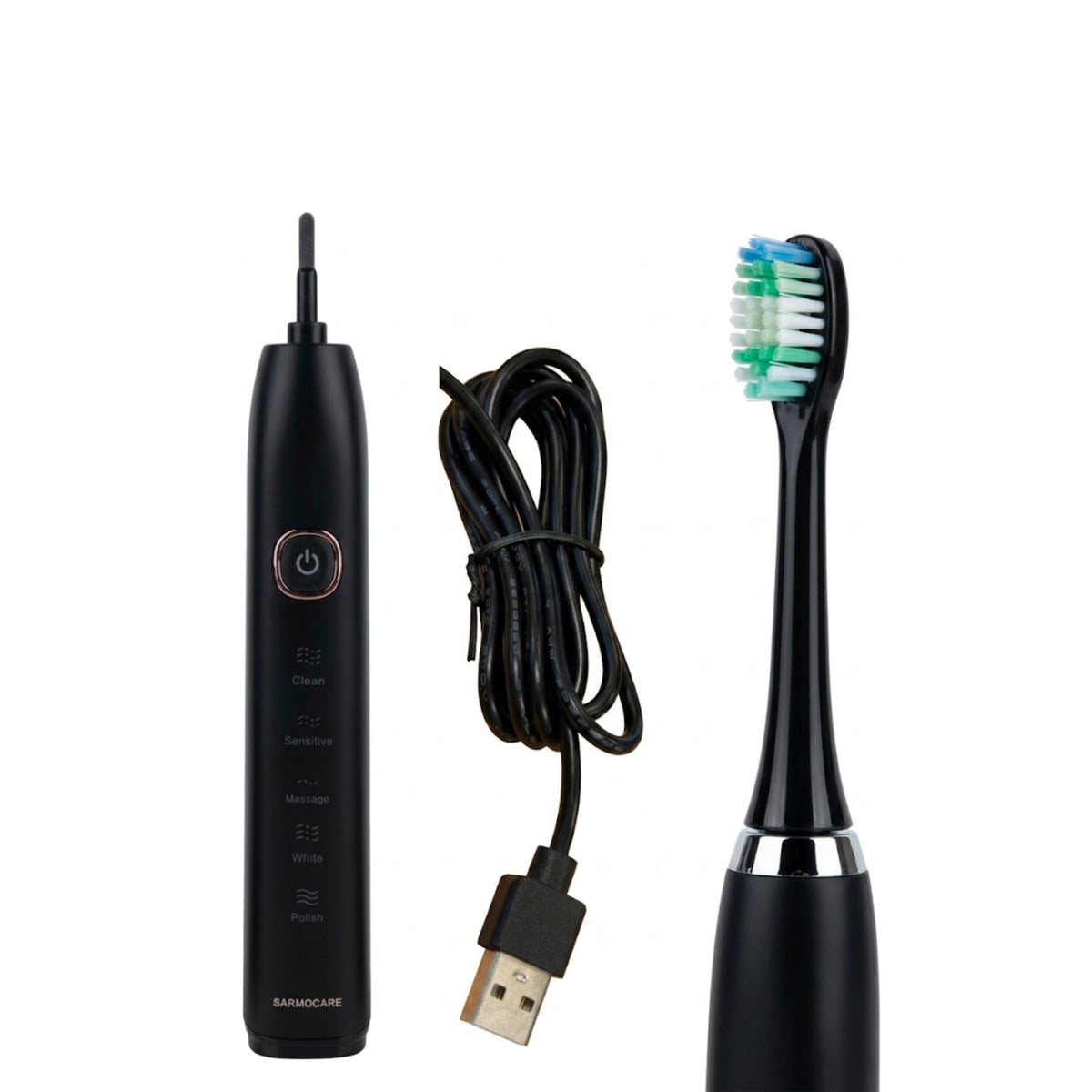 Black electric toothbrush with charging cable on a white background