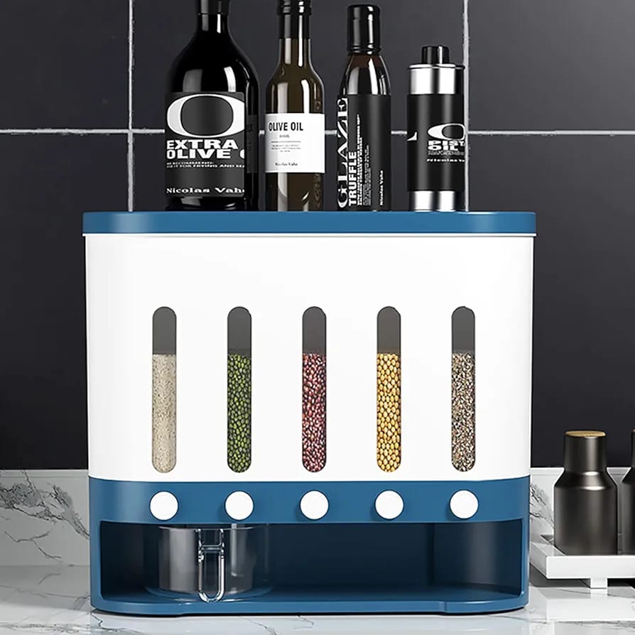Wall Mounted 5-Grid Dry Food Dispenser with some bottles placed on the top