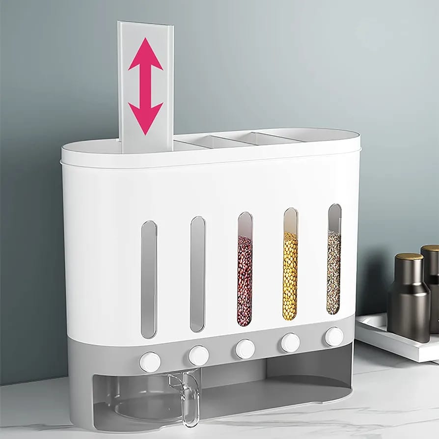 Wall Mounted 5-Grid Dry Food Dispenser - 10L Cereal and Rice Storage C