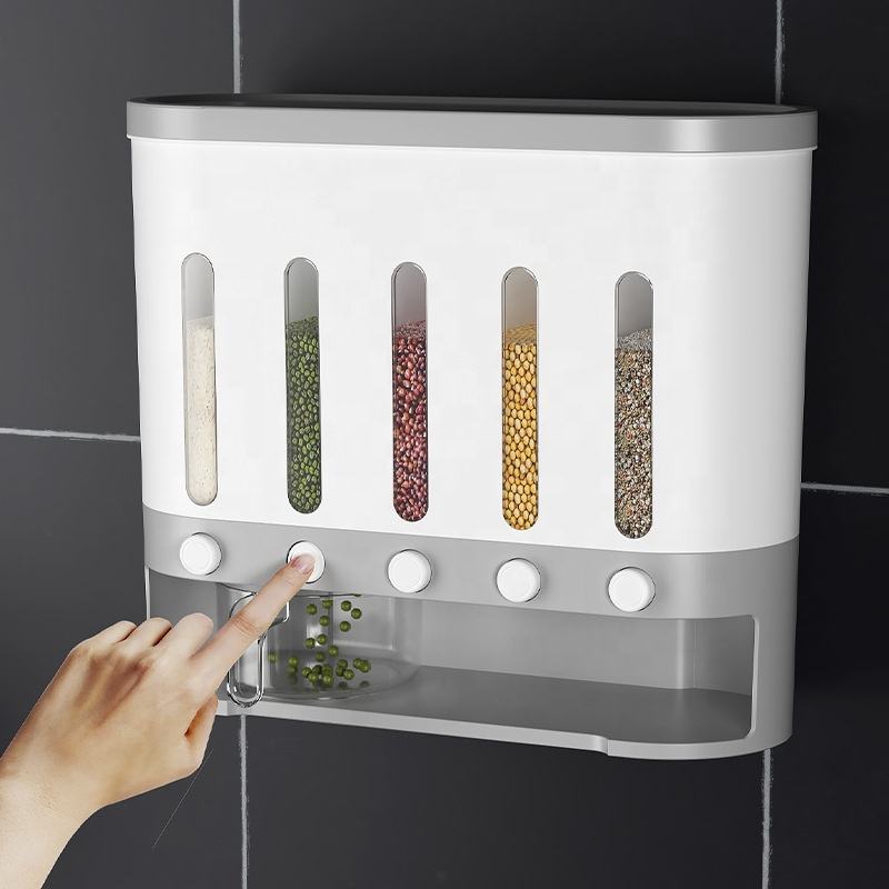 Wall Mounted 5-Grid Dry Food Dispenser - 10L Cereal and Rice Storage C