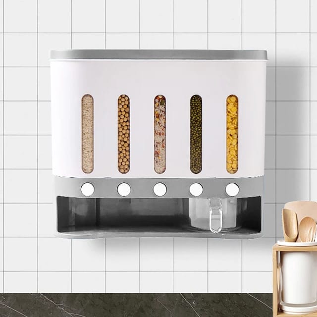 Wall Mounted 5-Grid Dry Food Dispenser - 10L Cereal and Rice Storage C