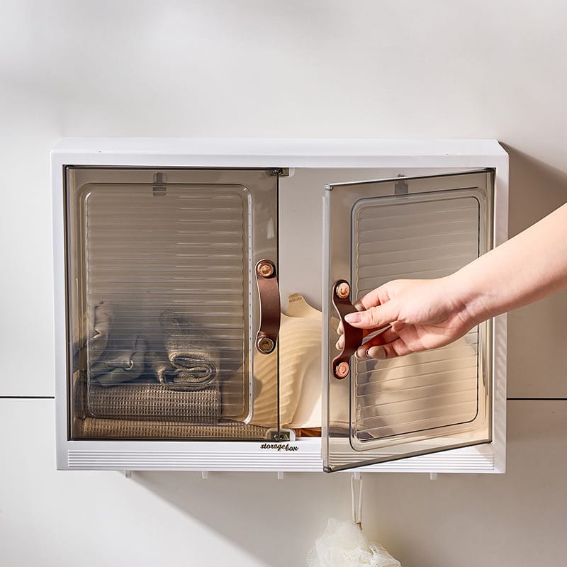 A Person Opens Cabinet Wall Mounted Shelf.