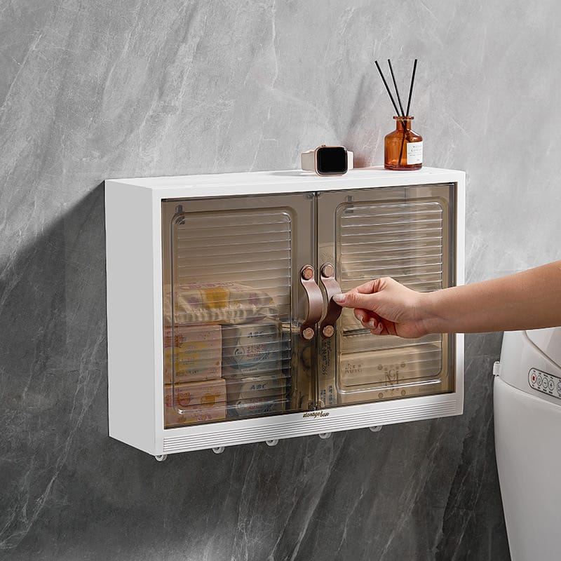 A Person Opening The Door Of Cabinet Wall Mounted Shelf.