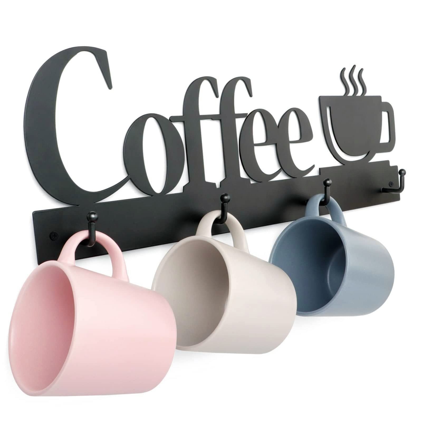 Wall Mounted Coffee Mug Holder With Cups Hangs On it.