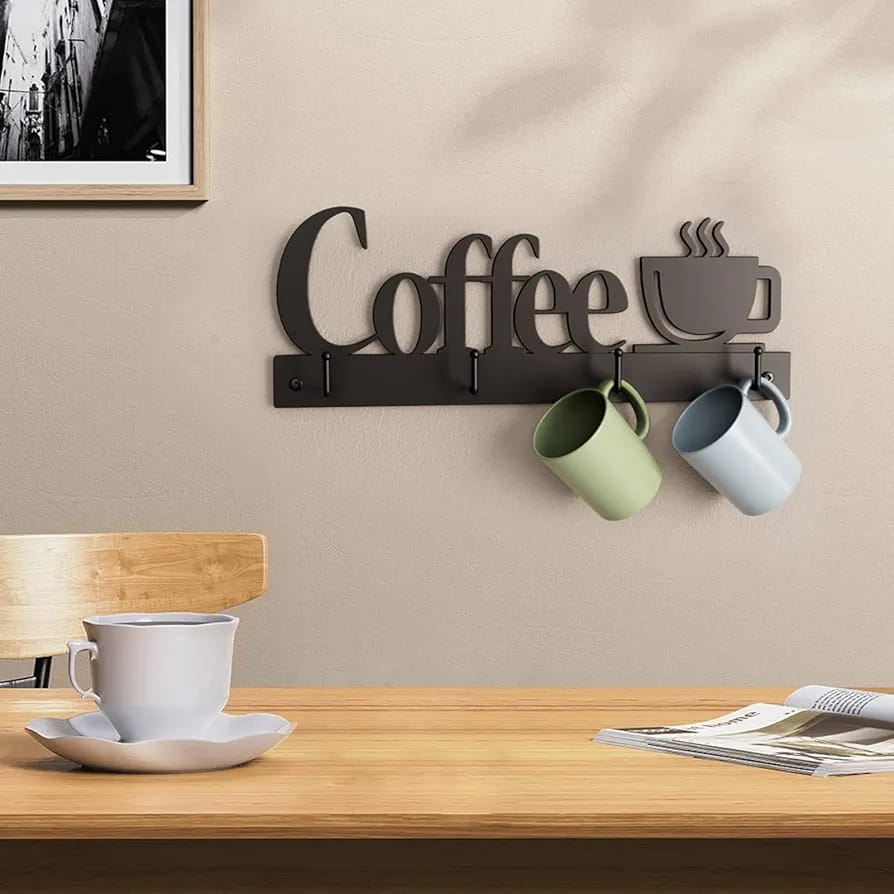 Wall Mounted Coffee Mug Holder With Cups are Hanged On the Wall.