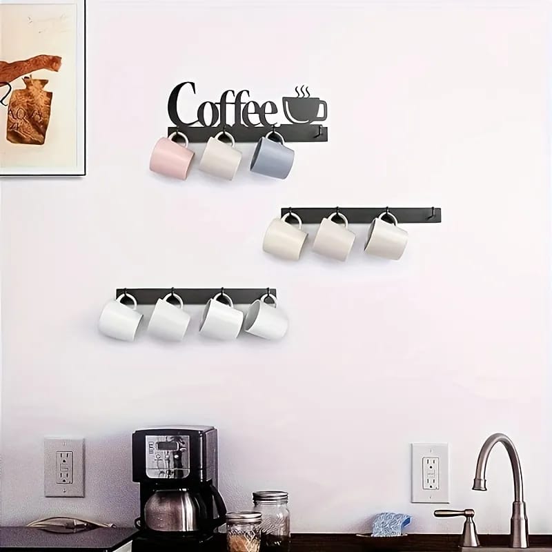 Wall Mounted Coffee Mug Holder With Cups are Hanged On the Wall.