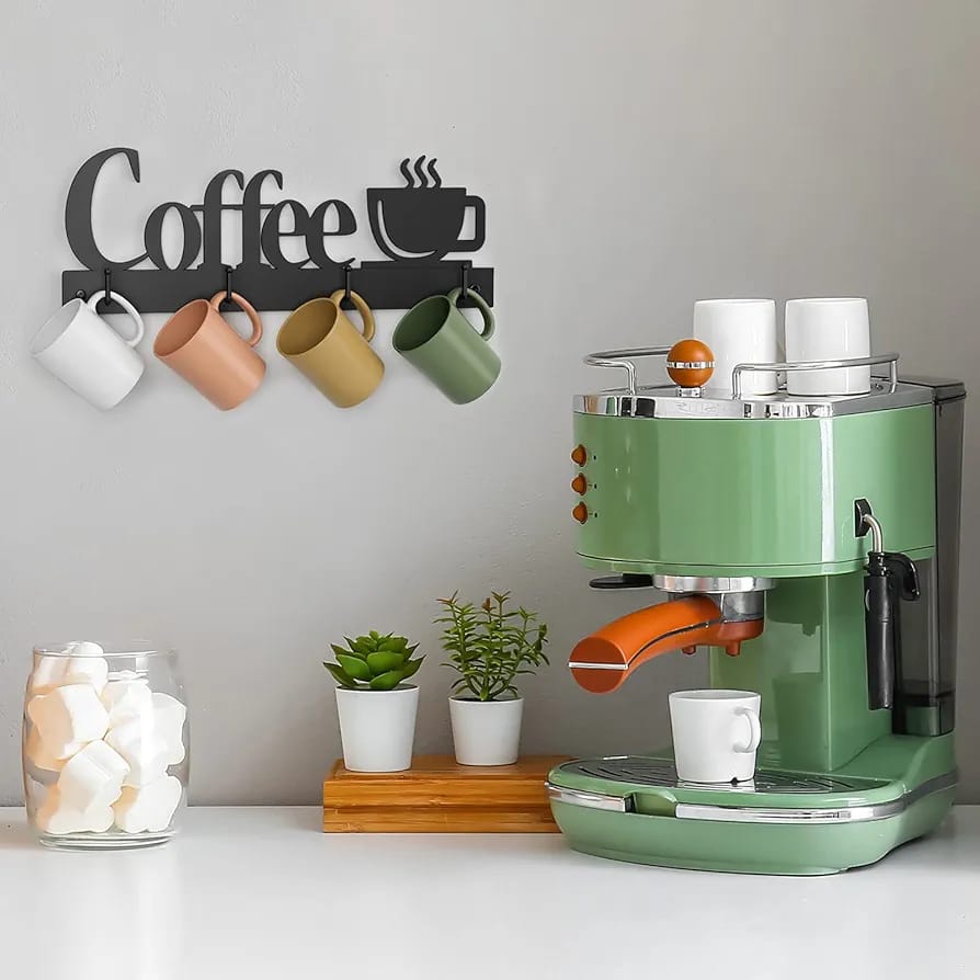 Wall Mounted Coffee Mug Holder with Cups are Hanged On the Kitchen Wall.