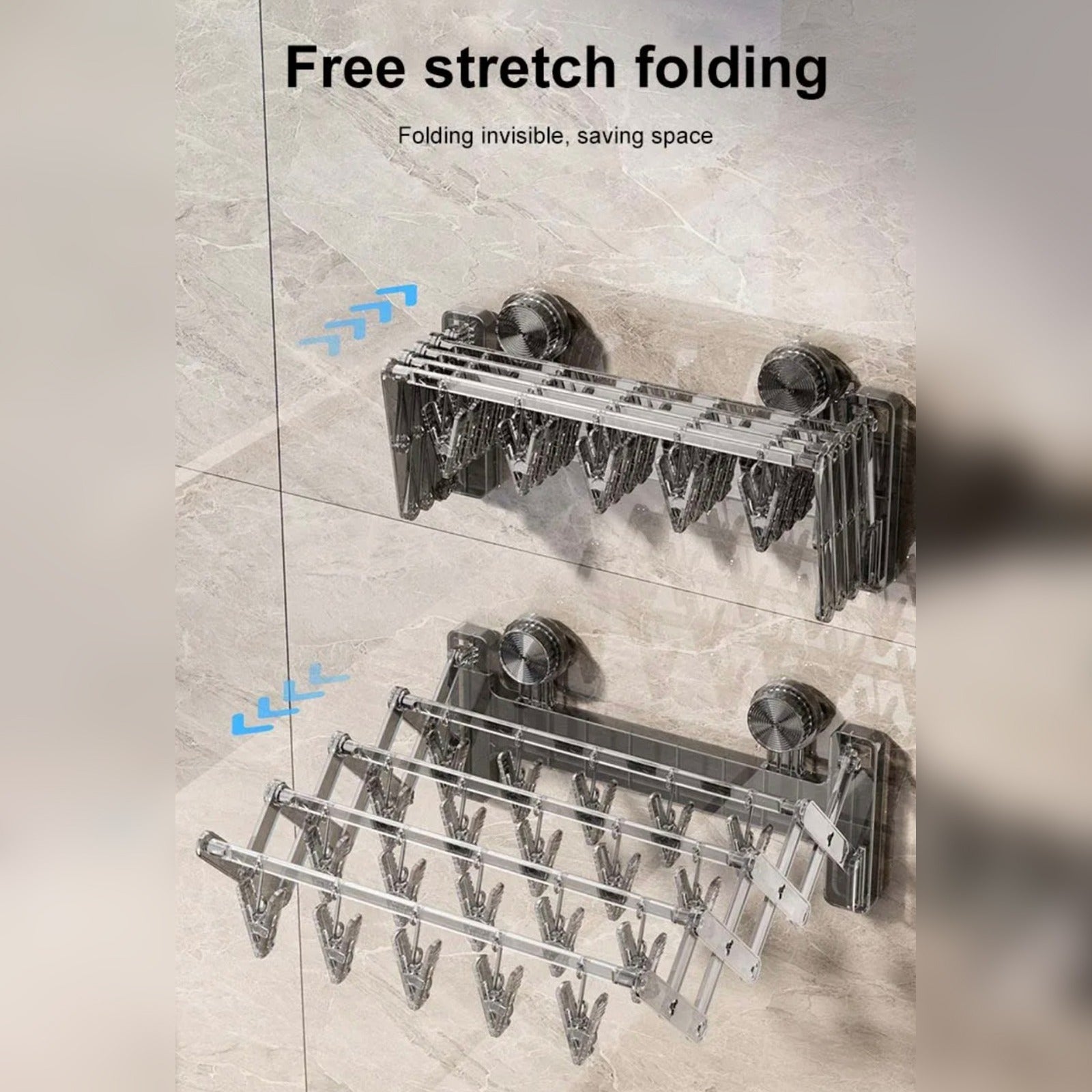 Streching and Folding Of Wall Mounted Foldable Suction Cup Sock Cloth Drying Hanger Rack.