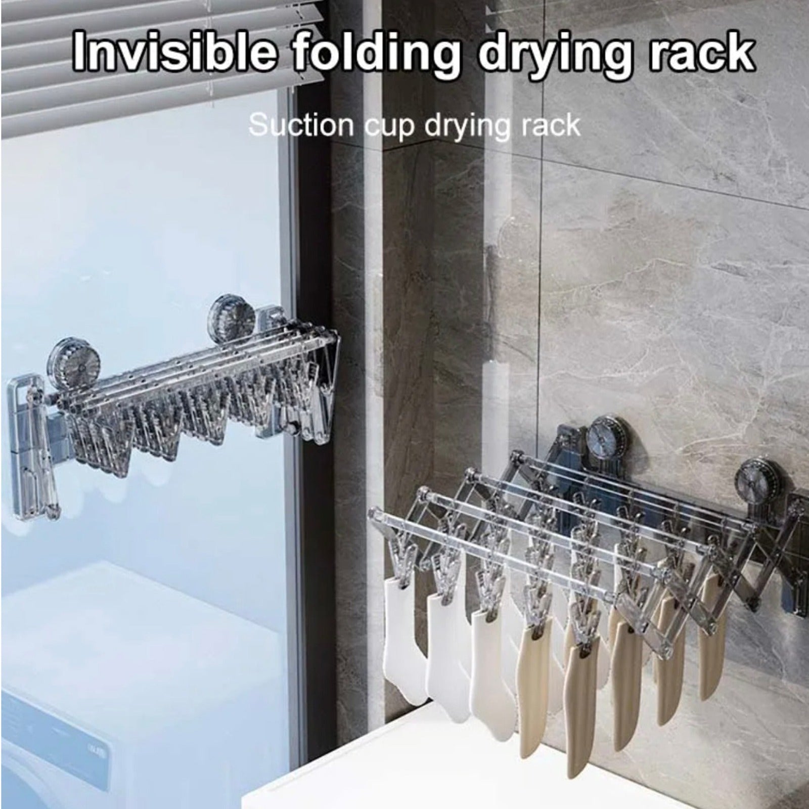 Wall Mounted Foldable Suction Cup Sock Cloth Drying Hanger Rack with Socks Hanged On it.