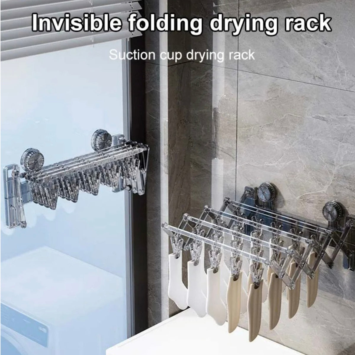 Wall Mounted Foldable Suction Cup Sock Cloth Drying Hanger Rack with Socks Hanged On it.