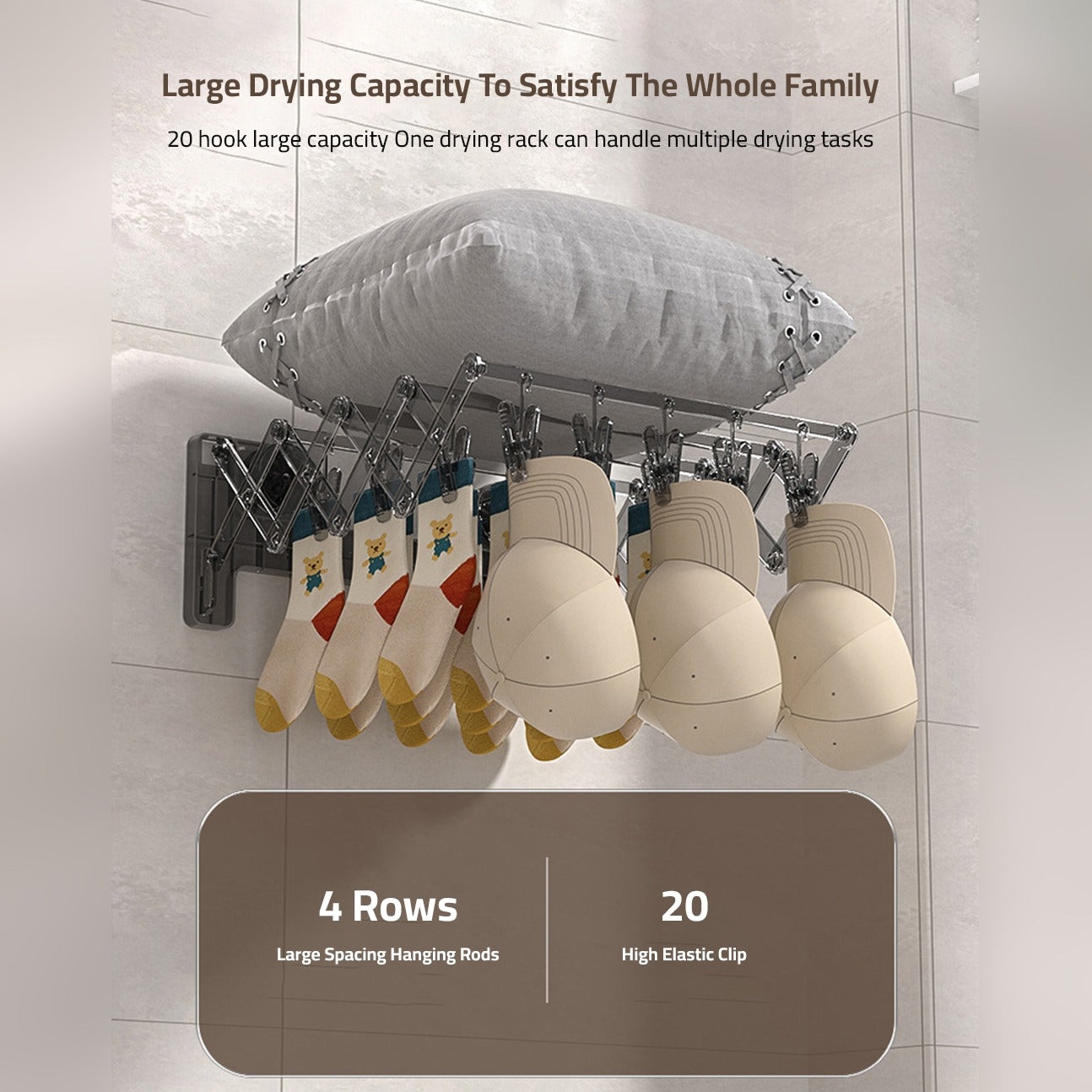 A Pillow, Caps and Socks are Hanged on Wall Mounted Foldable Suction Cup Sock Cloth Drying Hanger Rack.