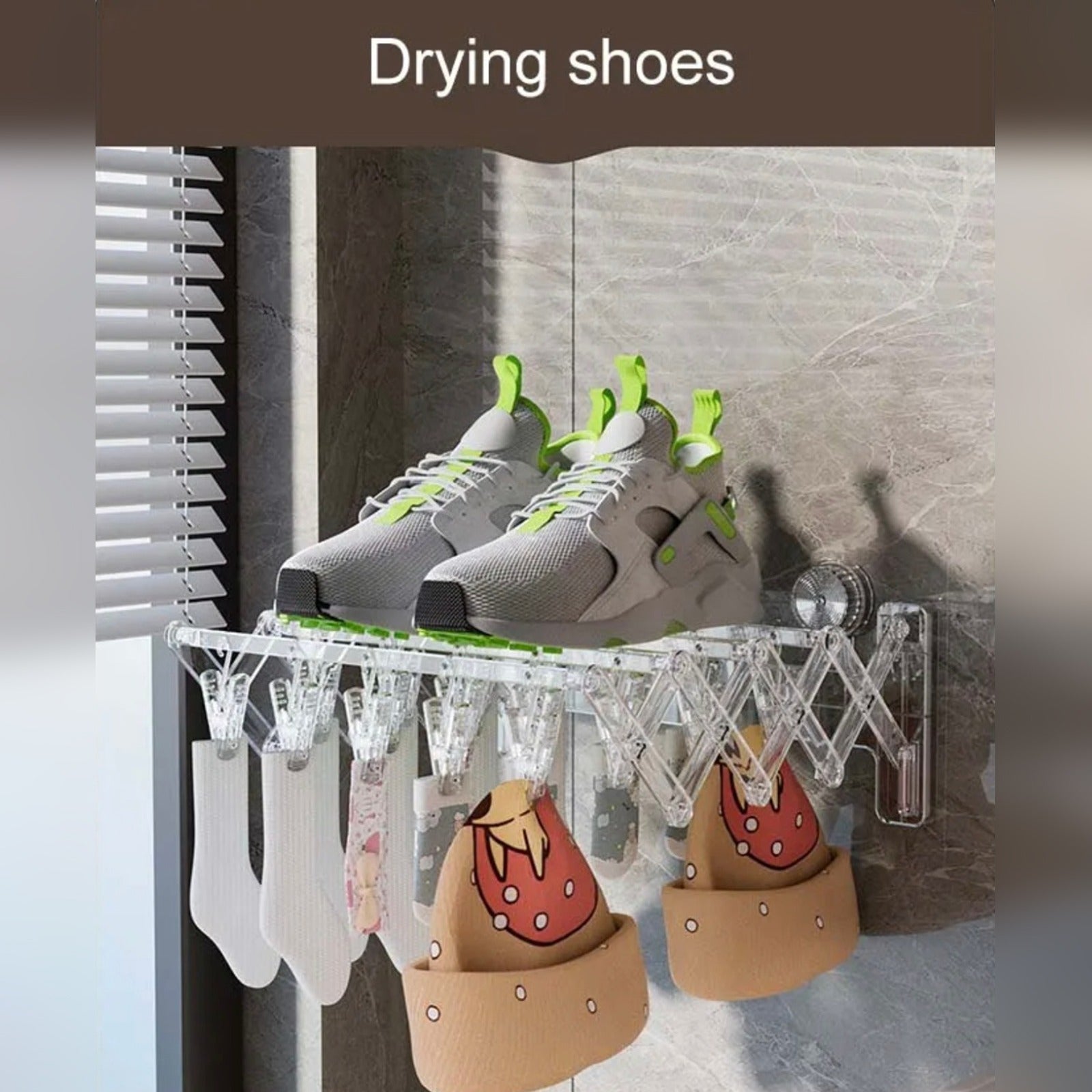 A Pair of Shoes, Caps and Socks are Hanged On the Wall Mounted Foldable Suction Cup Sock Cloth Drying Hanger Rack.