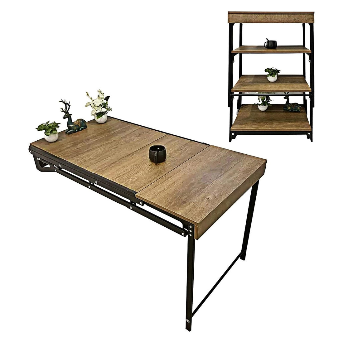 Wall-Mounted Folding Table with Convertible Storage Shelf Rack, Multi-
