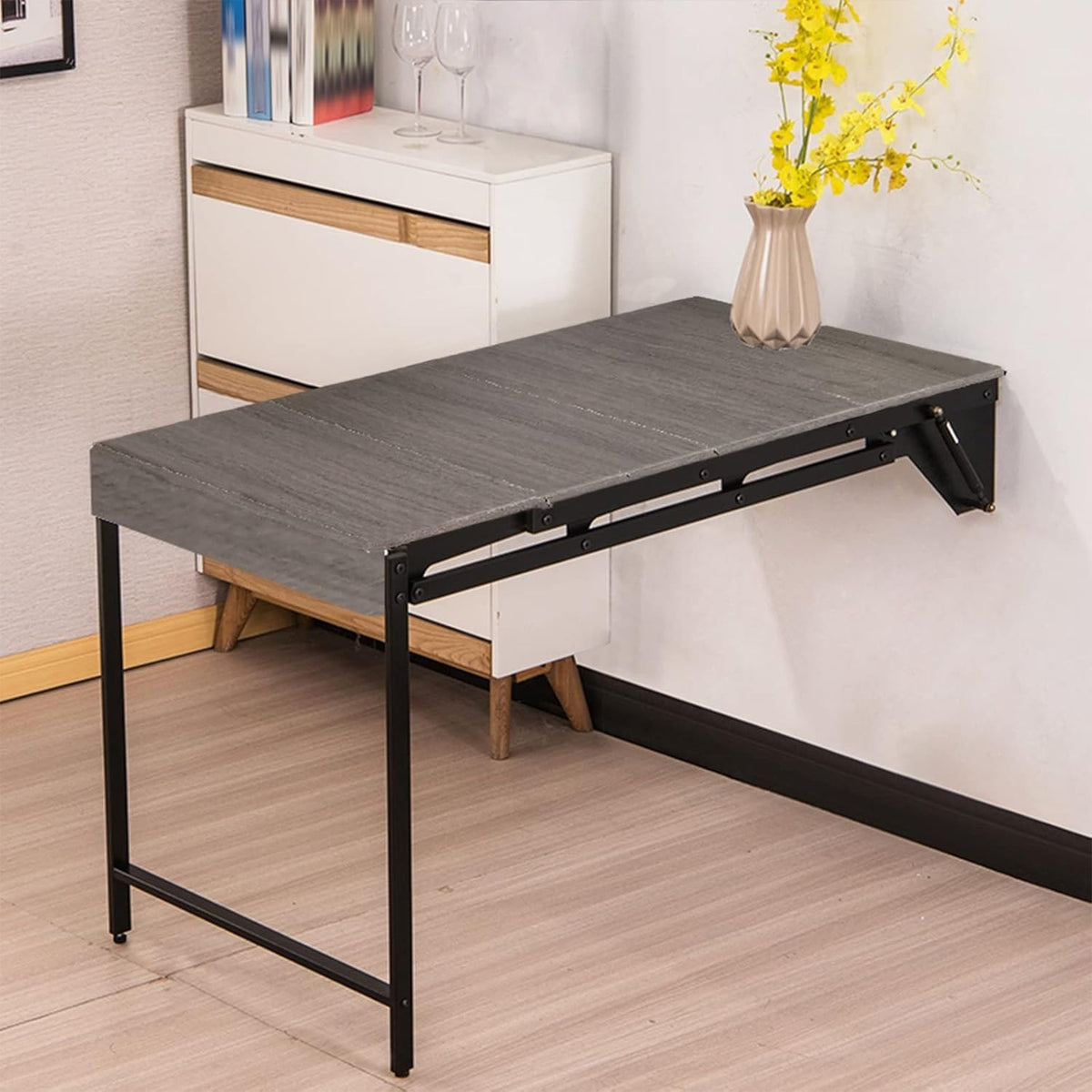 Attachable Shelf Table Wall-Mounted Folding Table with Convertible Storage Shelf Rack, Multi-