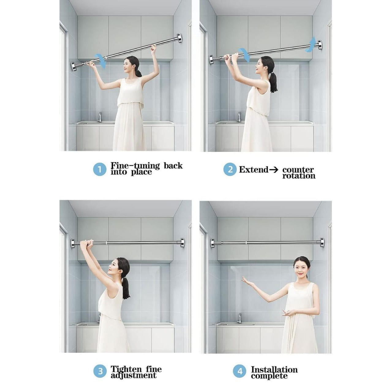 A Women is ntalling Wall Mounted Retractable Cloth Hanger Stand.