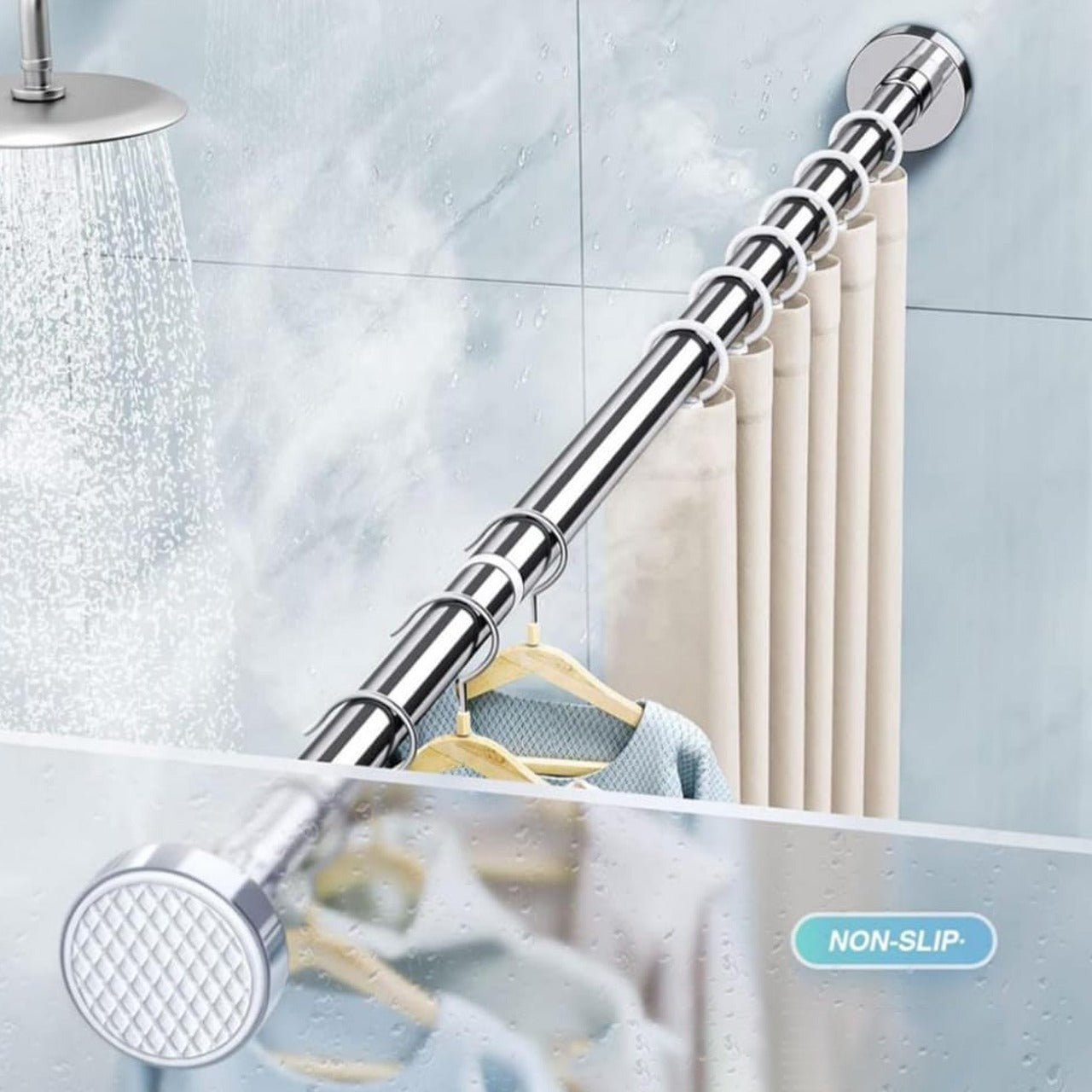 A Wall Mounted Retractable Cloth Hanger Stand is Fixed on Showerroom.