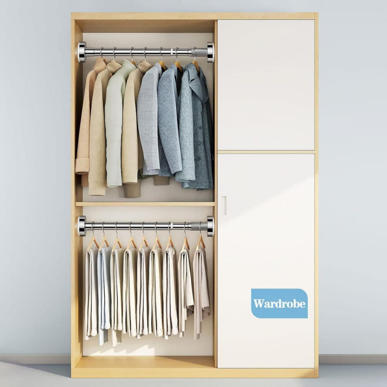 A Wall Mounted Retractable Cloth Hanger Stand is Fixed On a Wardrobe and Clothes are Hanged On it.