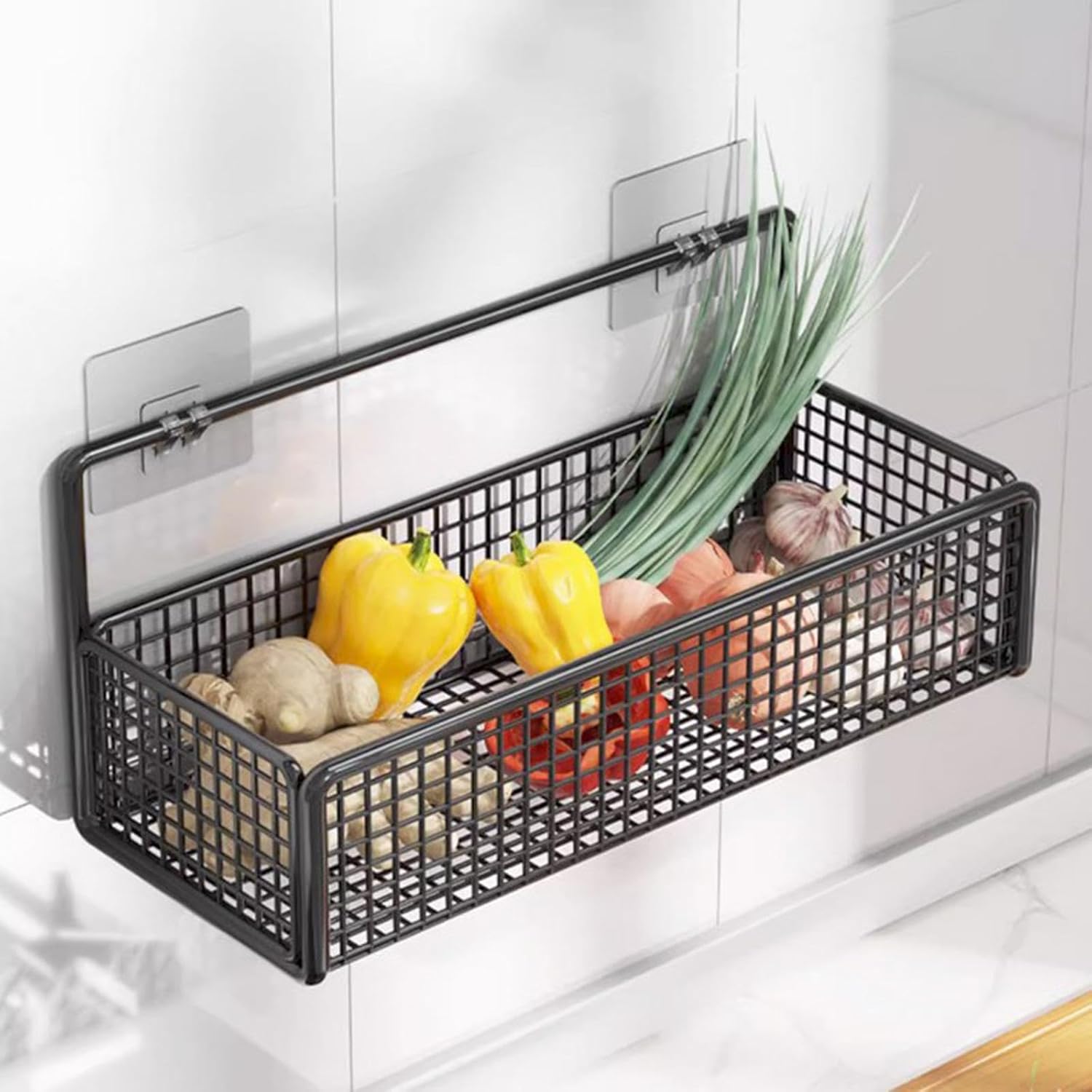 Wall Mounted Storage Basket Organized with Vegetables.