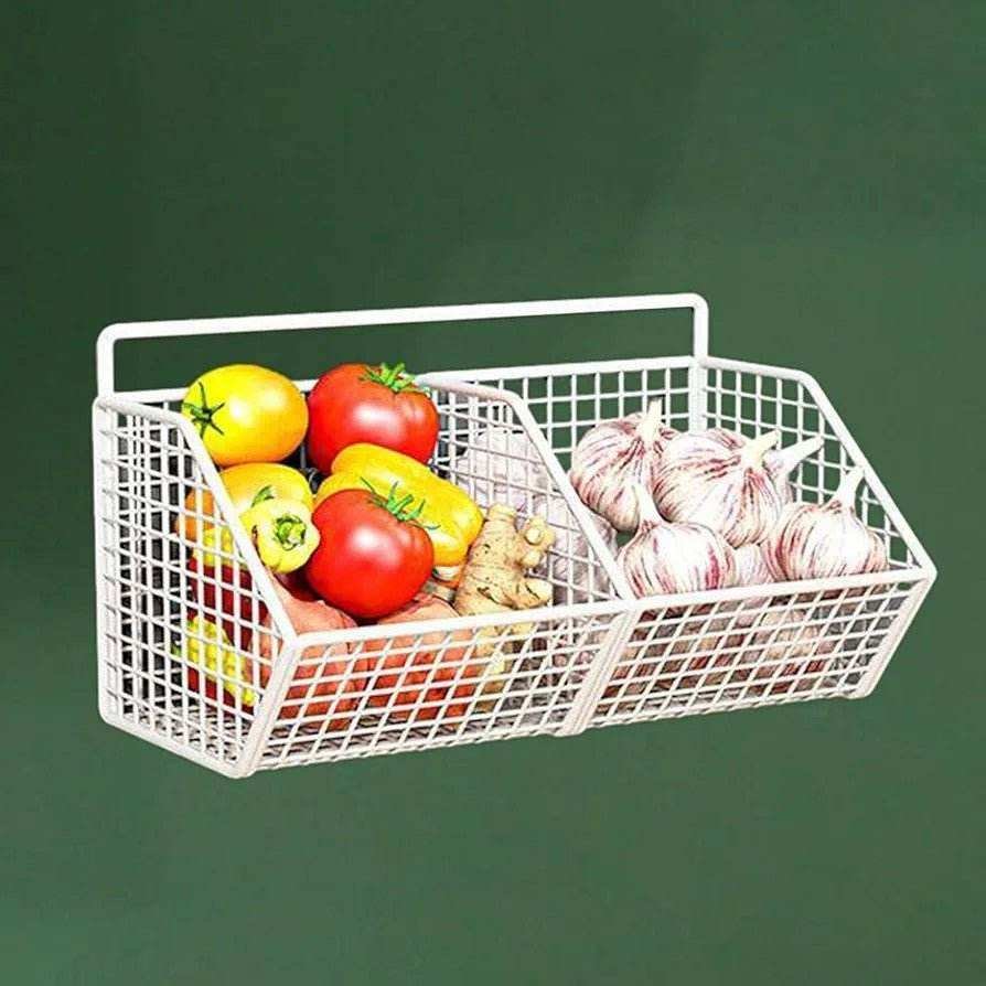 Wall Mounted Storage Basket with vegetables on a green background