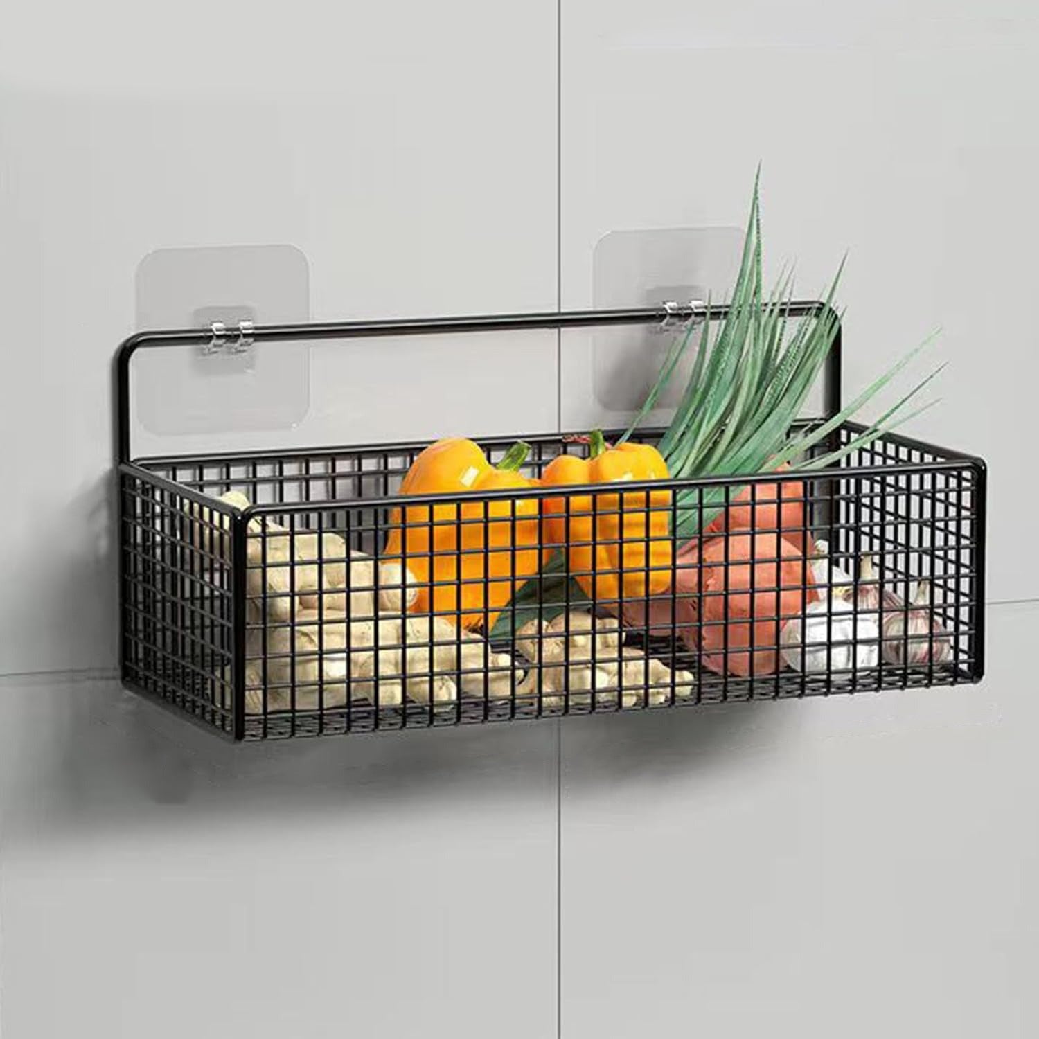 Wall Mounted Storage Basket with Vegetables are Organized in it.