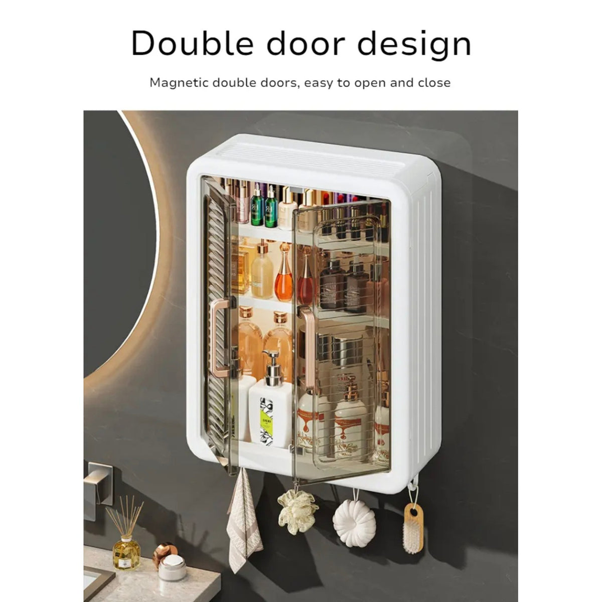 Wall Mounted Storage Cabinet Organized with Shower Items.