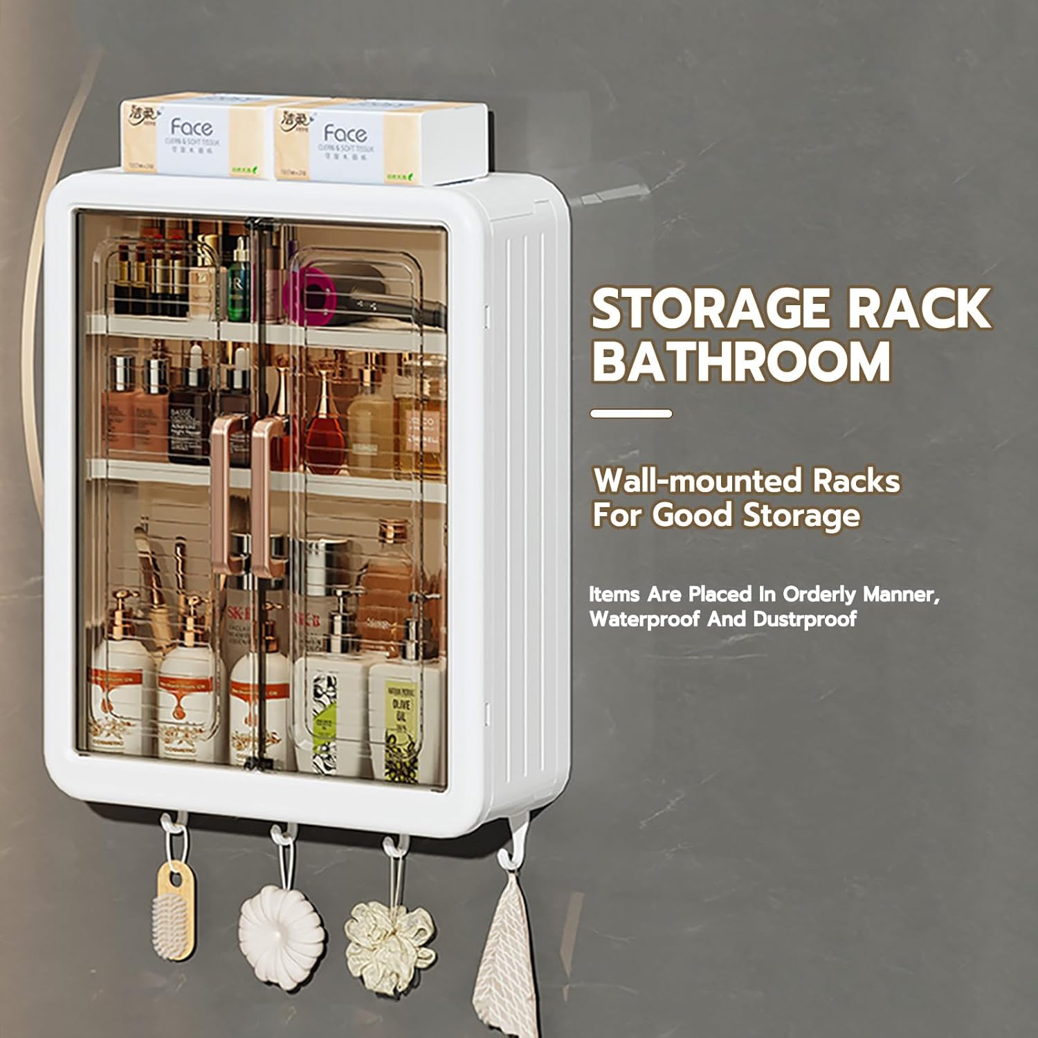 Wall Mounted Storage Cabinet Organized with Shower Items.