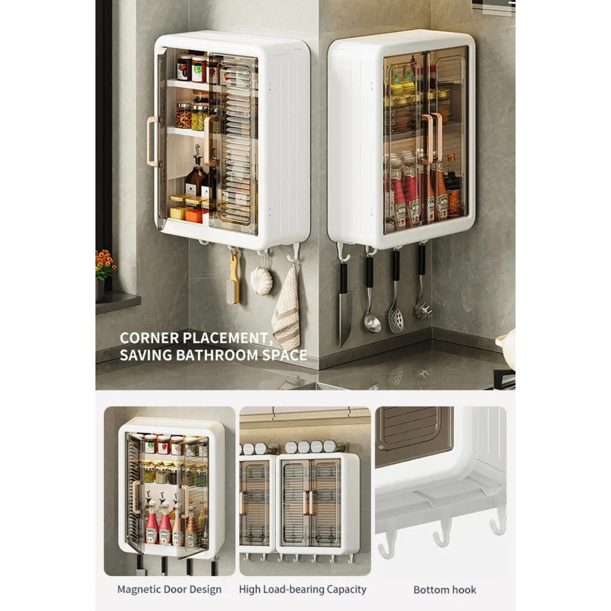 Wall Mounted Storage Cabinet Organized with Kitchen Items.