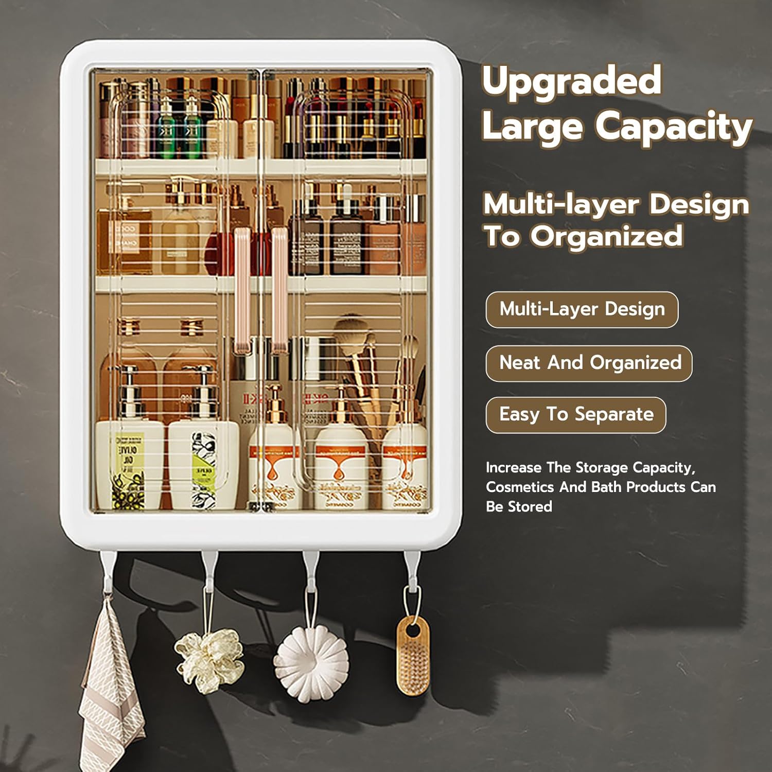 Wall Mounted Storage Cabinet Organized with Shower Items.